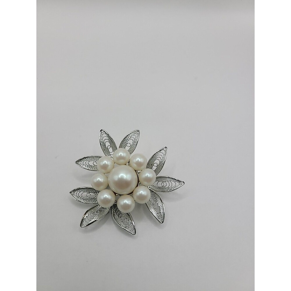 Vintage White Bead Flower Brooch Silver Tone Filigree Floral Mid Century Jewelry